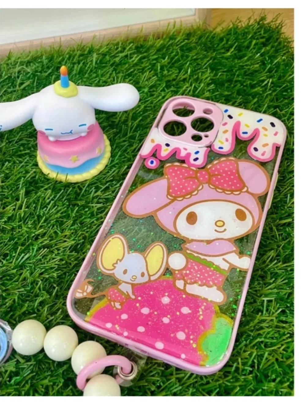 iPhone 13promax cartoon case.Handmade cute case with free gift beads chain